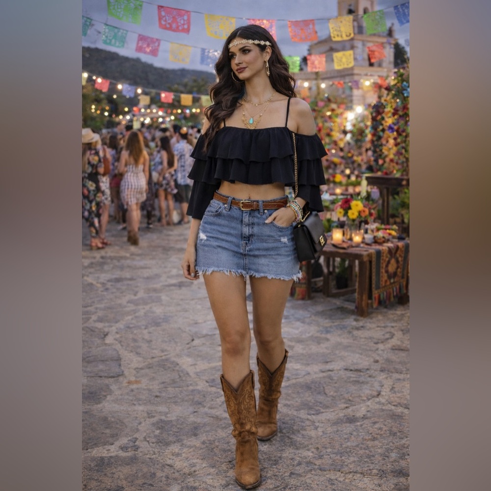 Vintage Havana Off-Shoulder Ruffle Crop Top – Size M